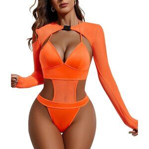 Women Orange Festival Sexy Lingerie Bodysuit Buckle Shrug Crop Top Set Outfits